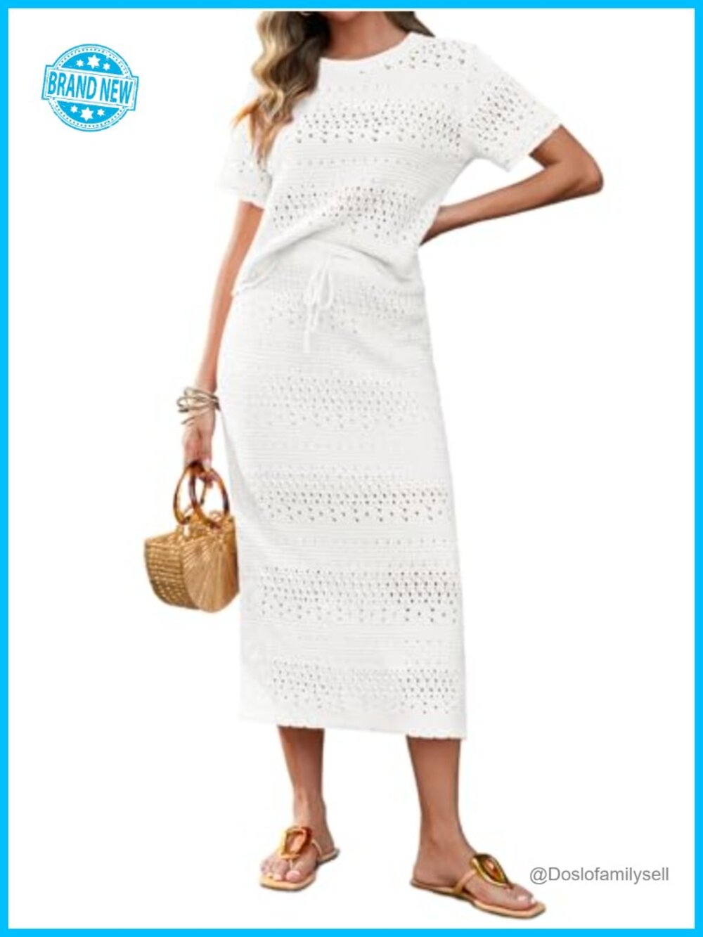 Crochet 2 Piece Cover Up Set Knit Top Midi Skirt Vacation Outfit